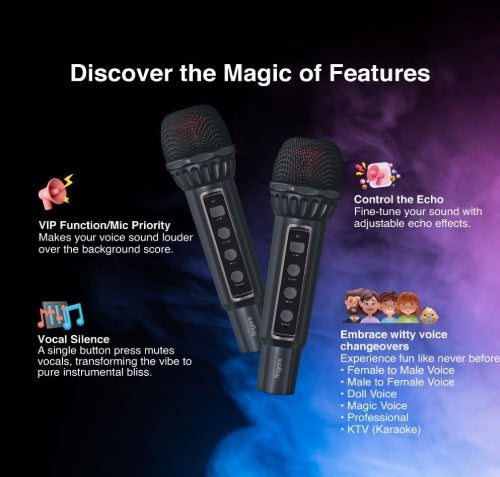 FINGERS 2Mic-Karaoke Portable Speaker with 2 Wireless Mics RGB Lights, 6-Hour Playback (24 W Intense Bass, Bluetooth® | USB | MicroSD | FM Radio) – Rich Black