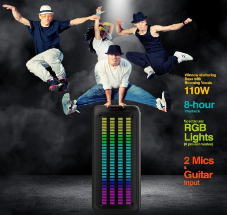 FINGERS RollingParties-110 Bluetooth Trolley Speaker with Powerful 110 W Deep Bass, Bundled 2 Wireless Mics & Additional 2 Mics, 8-Hour Play time, Guitar Input, TWS Support