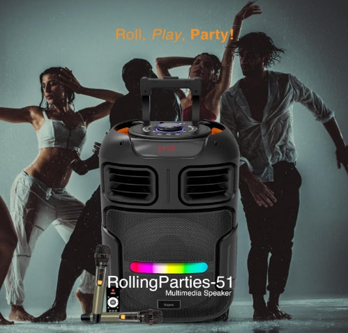 FINGERS RollingParties-51 Bluetooth Trolley Speaker with Powerful 50 W Deep Bass,  Bundled 2 Wireless Mics & Additional 2 Mics, RGB Lights, 15-Hour (Rich Black)