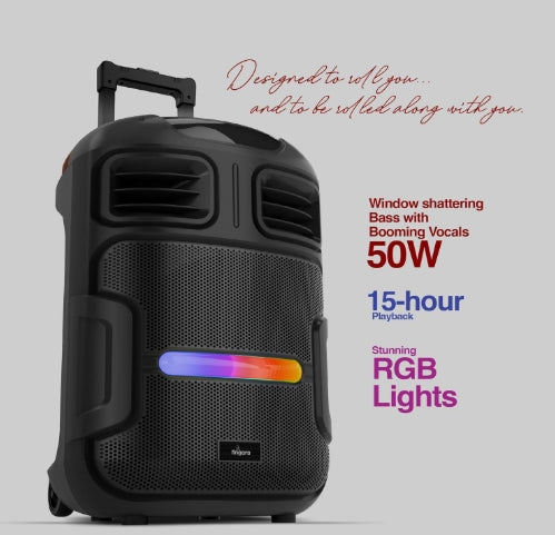 FINGERS RollingParties-51 Bluetooth Trolley Speaker with Powerful 50 W Deep Bass,  Bundled 2 Wireless Mics & Additional 2 Mics, RGB Lights, 15-Hour (Rich Black)