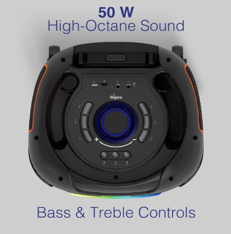 FINGERS RollingParties-51 Bluetooth Trolley Speaker with Powerful 50 W Deep Bass,  Bundled 2 Wireless Mics & Additional 2 Mics, RGB Lights, 15-Hour (Rich Black)