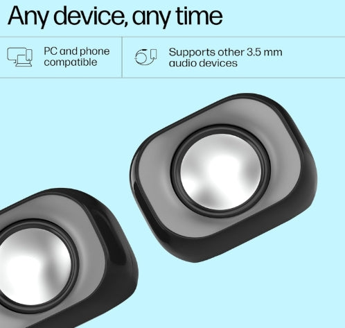 HP DHS-2111 Wired Speaker, 2-Channel Surround Sound, 3.5mm aux connectivity, PC and Phone Compatible, Easy Volume Controls, 1-Year Warranty, Black,