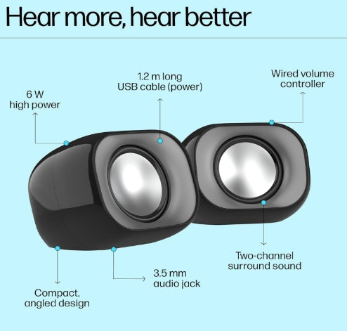 HP DHS-2111 Wired Speaker, 2-Channel Surround Sound, 3.5mm aux connectivity, PC and Phone Compatible, Easy Volume Controls, 1-Year Warranty, Black,