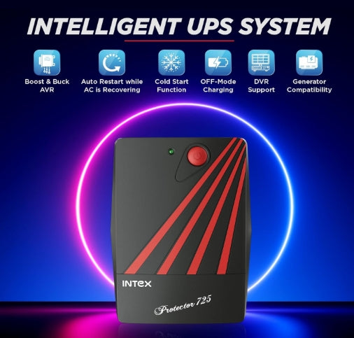 Intex 725 UPS Protector 230V & 360W Output Power | Connect Upto 3 Devices | Power Backup UPS System & Auto Restart | Ideal for Home, Office, Desktop PC & Home-Electronics (Black)