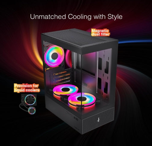 FINGERS C-Vision-5N Micro-ATX PC (Black) Gaming Cabinet  with Dual Toughened Glass Panels, Liquid Cooler Compatibility, 5 Pre-Installed ARGB Fans, Magnetic Dust Filter, USB 3.0 for Premium Performance & Style