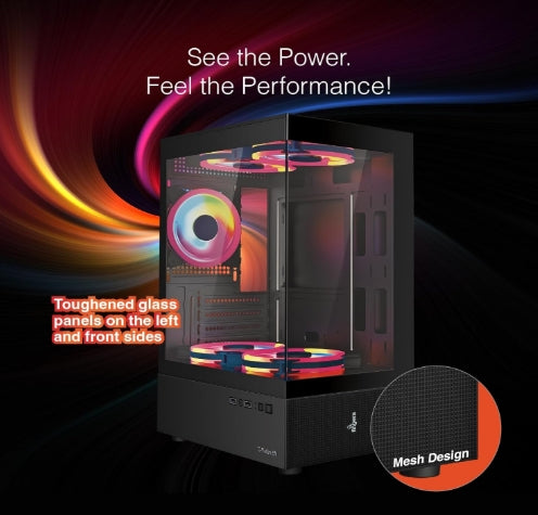 FINGERS C-Vision-5N Micro-ATX PC (Black) Gaming Cabinet  with Dual Toughened Glass Panels, Liquid Cooler Compatibility, 5 Pre-Installed ARGB Fans, Magnetic Dust Filter, USB 3.0 for Premium Performance & Style