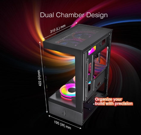 FINGERS C-Vision-5N Micro-ATX PC (Black) Gaming Cabinet  with Dual Toughened Glass Panels, Liquid Cooler Compatibility, 5 Pre-Installed ARGB Fans, Magnetic Dust Filter, USB 3.0 for Premium Performance & Style