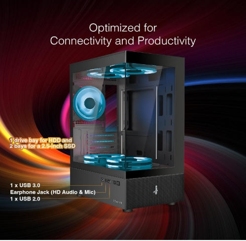 FINGERS C-Vision-5N Micro-ATX PC (Black) Gaming Cabinet  with Dual Toughened Glass Panels, Liquid Cooler Compatibility, 5 Pre-Installed ARGB Fans, Magnetic Dust Filter, USB 3.0 for Premium Performance & Style