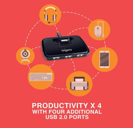 FINGERS Quadrant U2.0 4-Port USB Hub - Black