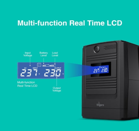 FINGERS FR-1250LCD Line Interactive UPS (High Power Capacity 1200 VA / 720 W, 33% Faster Recharge, Multi-Function Real-time LCD Display)