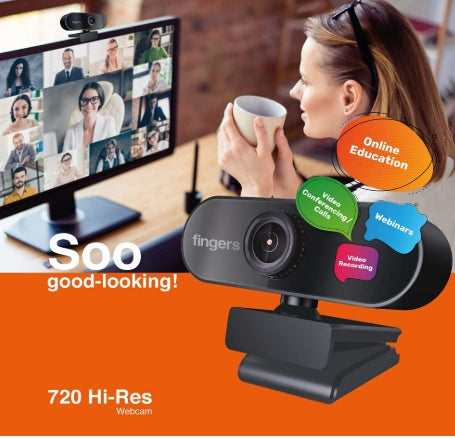 FINGERS 720 Hi-Res Webcam with 720p Wide Angle Lens and Built-in Mic for PC Desktops and Laptops - HD Video Calling & Recording with up to 1280 x 720 Pixels